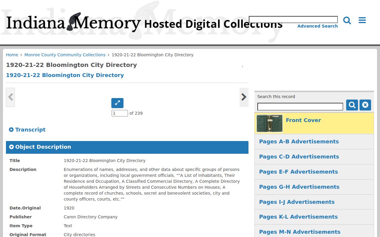 Indiana Memory page for the digitized 1920 to 1922 Bloomington city directory