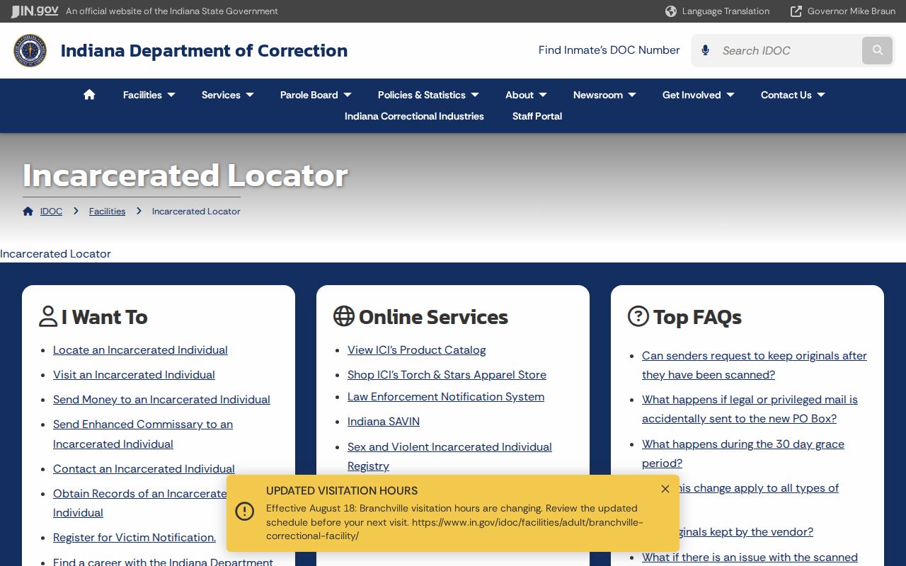 Indiana offender locator shown for a Bloomington resident lookup of correctional records