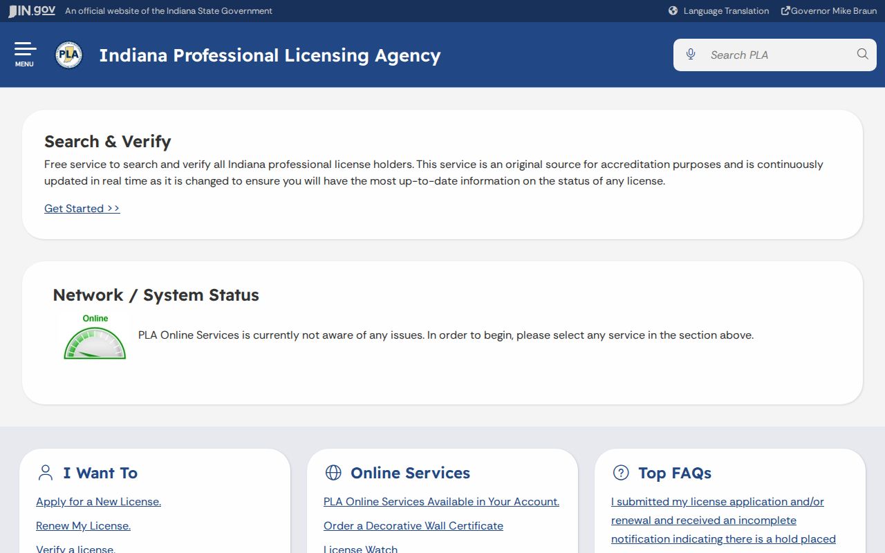 Indiana Professional Licensing Agency verification page for a Bloomington resident lookup