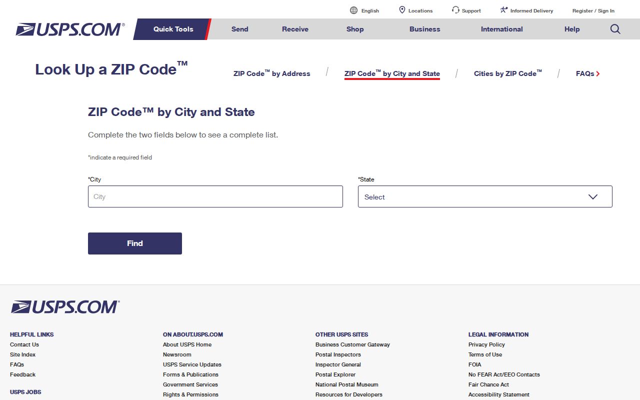 Bloomington ZIP code directory USPS lookup form